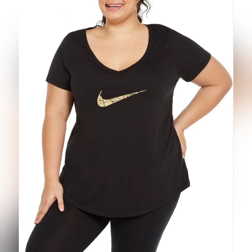 Nike Black Short Sleeve V-Neck Tee with Gold Swoosh